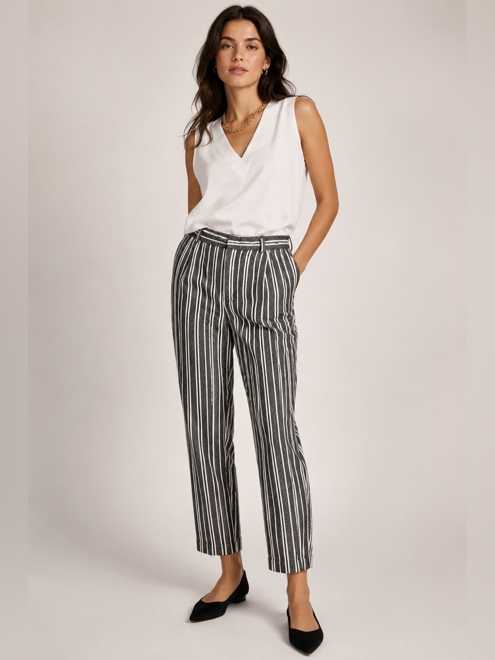 Banana Republic Avery Linen Blend Stripe Ankle Pants Size 10 Black White Career